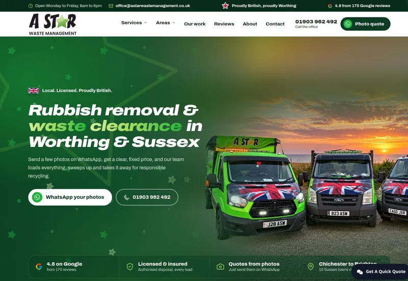 Homepage with the company’s branded vans