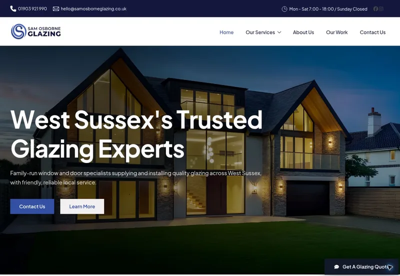Homepage with a glazed new-build house at dusk