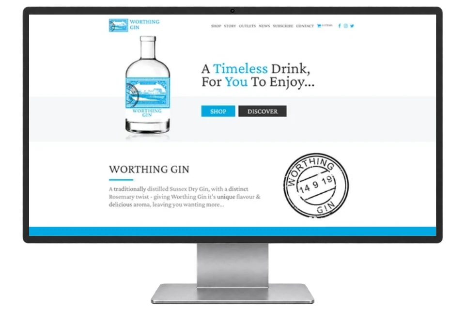 Worthing Gin website shown on a modern desktop monitor