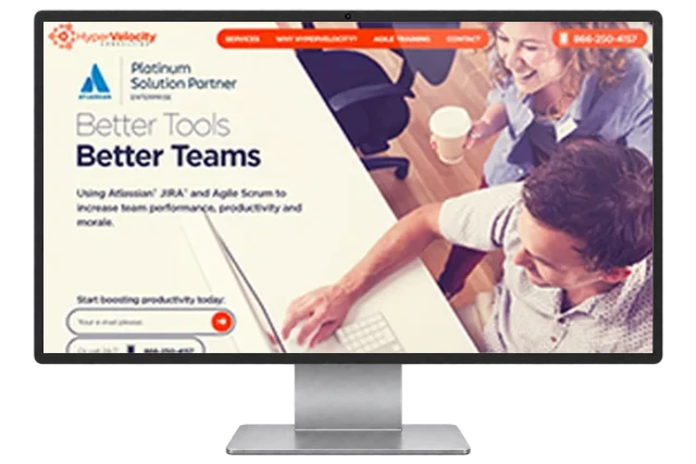 Hyper Velocity Consulting website shown on a modern desktop monitor