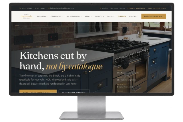 Ollie's Handmade Kitchens website shown on a modern desktop monitor