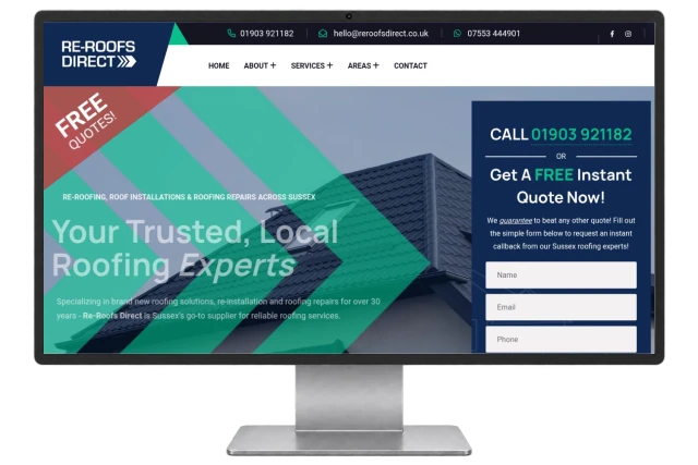 Re-Roofs Direct website shown on a modern desktop monitor