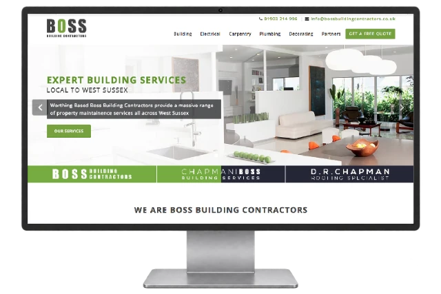 Boss Building Contractors website shown on a modern desktop monitor