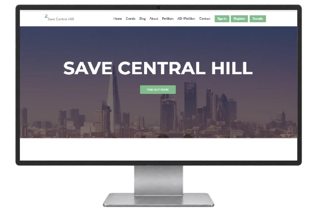 Save Central Hill website shown on a modern desktop monitor