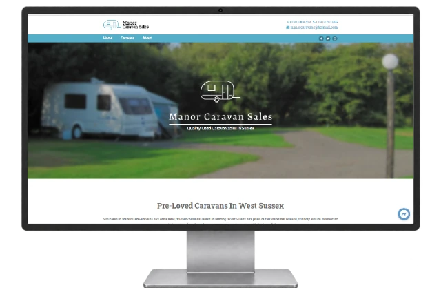 Manor Caravan Sales website shown on a modern desktop monitor