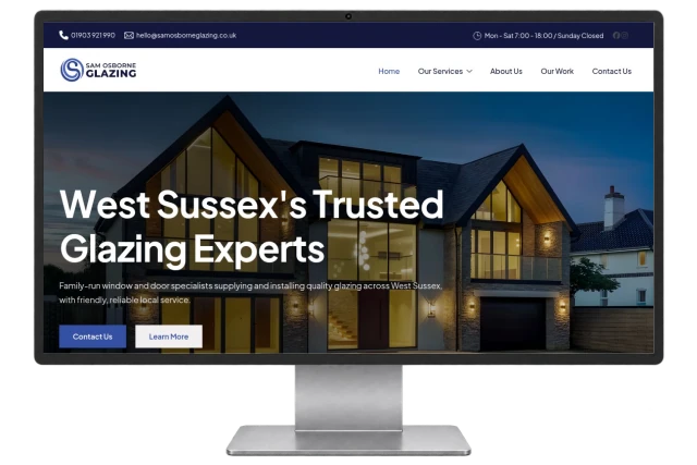 Sam Osborne Glazing website shown on a modern desktop monitor