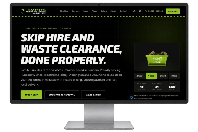 Smiths Waste Removals website shown on a modern desktop monitor